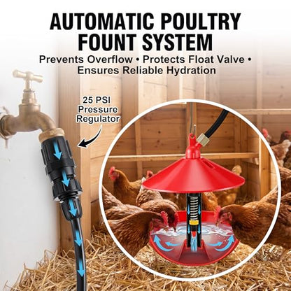 Automatic Poultry Waterer System with 5M Tubing, Hanging Chicken Waterer Bowl with 25 PSI Pressure Regulator, Brass Barb Connector & 3/4" GHT Adapter for Chickens, Ducks, Turkeys and Game Birds