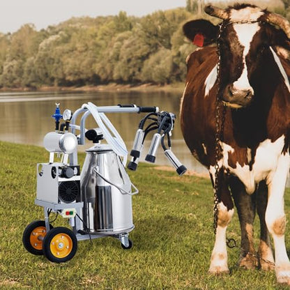 550W Electric Cow Milking Machine, 6.6 gal / 25L 304 Stainless Steel Bucket, Automatic Cow Milker with Vacuum Pulsation, 5-8 Cows Per Hour with Silicone Cups and Tubes, Wheels for Cows and Goats