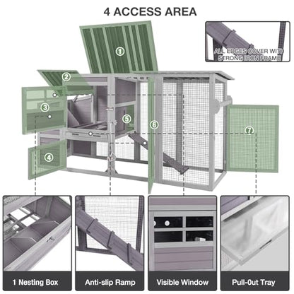75" Large Chicken Coop with Run, Mobile Wooden Poultry Cage on Wheels, Sectionable Nesting Box, Weatherproof Roof, Easy Cleaning Tray for 3-6 Chickens, Easy Assembly - color: Grey (AIR31)