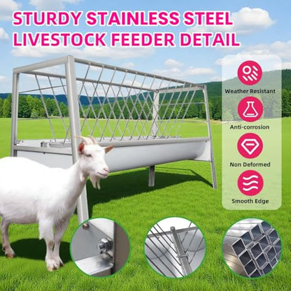59" Livestock Hay Feeder 88 Gallon, Stainless Steel 2-in-1 Pasture Feeder Feeds 18 Goats, Durable Hay Rack with 7" Deep Feed Pan, Indoor & Outdoor Feeder for Sheep, Calf, Cow, Miniature Horse, Farm