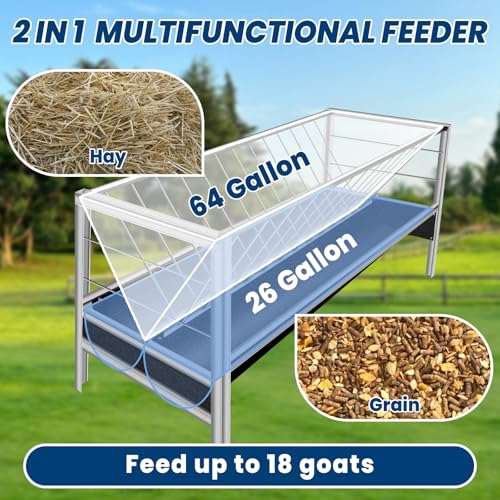 62" L Goat Hay Feeder 92 Gallon Large Capacity, Rubber 2-in-1 Hay & Grain Feeder for Goats, Sheep, Horses | Freestanding Outdoor Farm Livestock Feeder, Easy Assembly(Rubber Tray)
