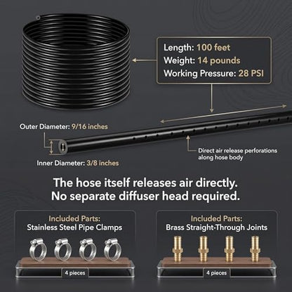 Self-Sinking Pond Hose, 100ft Weighted Pond Aerator Tubing, 3/8 Inch Self Sinking Aeration Hose Kit with 4 Copper Menders and 8 Stainless Steel Clamps for Lake Aquaculture Aeration - size: 3/8" id - 100ft