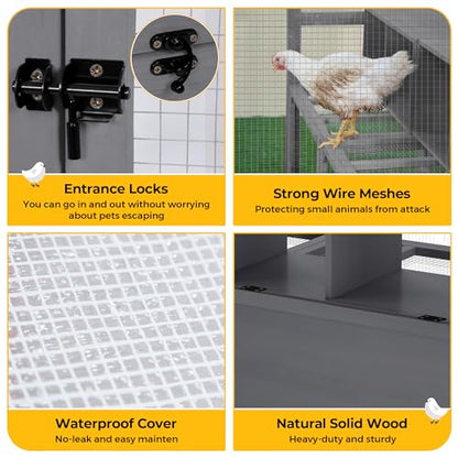 COZIWOW Chicken Coop with Full Waterproof Cover, 9' Extra Large Wooden Chicken House for 10-15 Chickens, 4 Nesting Boxes, Roosting Bars, Outdoor Walk-in Poultry Run for Backyard, Farm, Modern Gray - color: Modern Grey