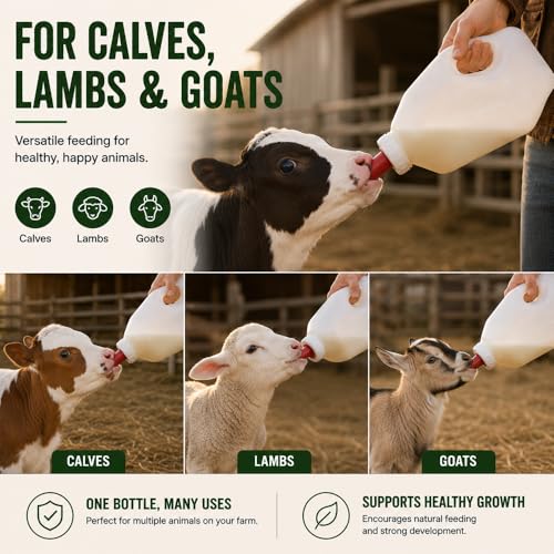 Calf Feeding Bottle with Screw Replacement Nipple, 2 Quart Heavy Duty Calf Milk Feeder with Handle, Leakproof Nursing Bottle for Calves, Lambs & Goats, Livestock Feeding Supplies (White)
