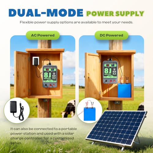 8J Electric Fence Charger AC DC Powered Fence Controller 2 in 1 Fence Energizer Electric with 8 Joules Output &7-13KV Adjustable, Alarm Function, 40KM Range for Livestock/Farmland/Garden (8J)