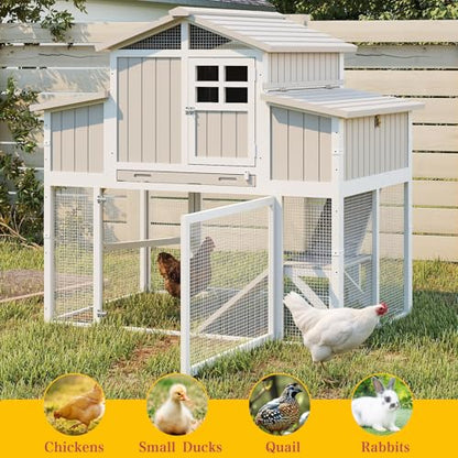 Large Chicken Coop Outdoor with Run, Expandable Hen House with 4 Nesting Boxes, Rabbit Hutch Poultry Bunny Cage for 2-4 Chickens with 4 Perches, Removable Tray and Ramp (56.3" L x 35.24" W x 52.8" H)
