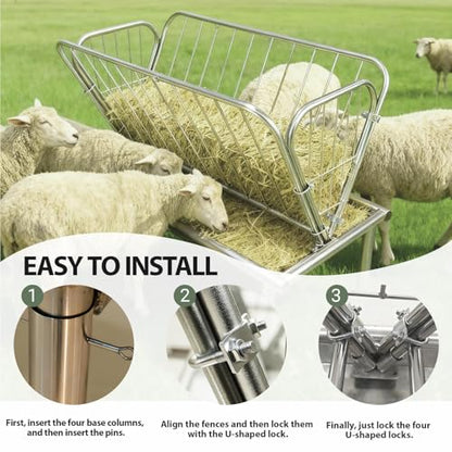 47" x 22.5" x 38" Heavy Duty Galvanized Steel Livestock Feeders, 30 Gallon Hay Feeder, 6" Wide Feed Pan, All-Weather Outdoor Hay Feeders, Not Easy to Deform, Easy to Install for Farm Livestock