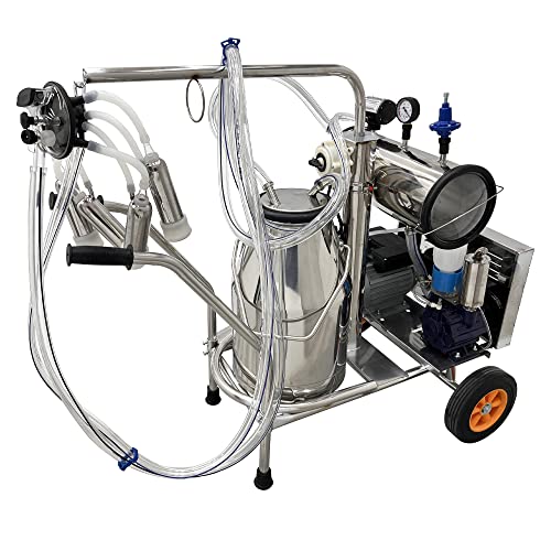 INTBUYING 110V Electric Vacuum Pump Cow Milking Machine Portable Milking Equipment for Cows & Goats with 25L/6.6Gal 304 Stainless Steel Bucket, 1440RPM, 10-12 Cows/Hour Capacity Milker for Farm Use