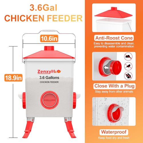 ZenxyHoC 3.6 Gal Chicken Feeder and Waterer Set with Anti-Roost Cone, 3 Height Adjustable Locking Legs for Backyard Flock