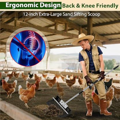 2 in 1 Chicken Poop Scooper & Rake, 12" Chicken Coop Scooper With Ergonomic Grip, Durable Chicken Scooper for Poop With 4 Length Adjustable Stainless Steel Handle(24 to 67") Litter Sifting Shovel