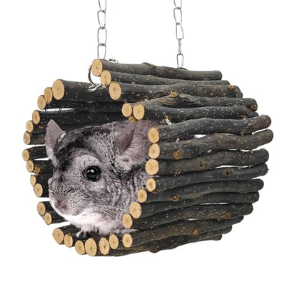 BNOSDM Chinchilla Hanging Tunnel Toy with Adjustable Metal Chain,Natural Fruitwood Small Animal Tubes & Tunnels Toys, Rat Cage Accessories for Ferret, Squirrel, Guinea Pig (Size M)