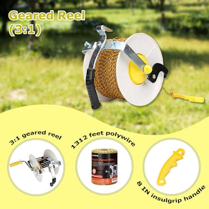 3:1 Geared Electric Fencing Standard Reel with 1640ft Premium Polywire 6 Conductors Plus 1 Free 8 inch Insulgrip 1 Pack - size: 1640 feet x 1 standard reel x 1 Handle