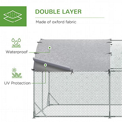 PawHut 9.2' x 24.9' x 6.5' Large Chicken Coop Metal Chicken Run with 210D Waterproof and Anti-UV Cover, Dome Shaped Walk in Fence Cage Hen House for Outdoor and Yard Farm Use, 1" Tube Diameter - size: 299.2"L x 110.2"W x 77.6"H