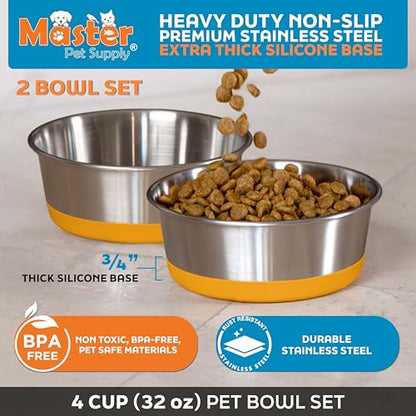 Master Pet Supply Stainless Steel Dog Bowls Set of 2 with Extra Thick Silicone Base - 4 Cup (32 oz) Mango Tango, Non-Slip, Dishwasher Safe Metal Bowls, Pet Dog Food Bowl for Dogs, Cats, Anti Rust - color: Mango Tango, size: 4 Cups (32 oz) 2 Pack