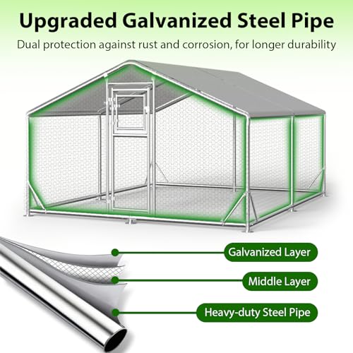 13x10x6.5 FT Walk in Chicken Coop, Functional Split Door Metal Chicken Coop Run with Hardware Cloth & Cover, Heavy Duty Duck Pen with Galvanized Frame, Large Animal Run for Chicken, Duck, Goat - size: 157.0"L x 118.0"W x 77.0"H