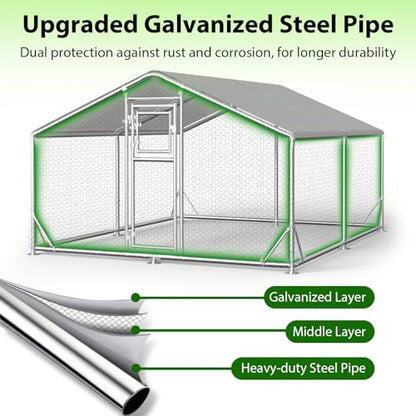 13x10x6.5 FT Walk in Chicken Coop, Functional Split Door Metal Chicken Coop Run with Hardware Cloth & Cover, Heavy Duty Duck Pen with Galvanized Frame, Large Animal Run for Chicken, Duck, Goat - size: 157.0"L x 118.0"W x 77.0"H
