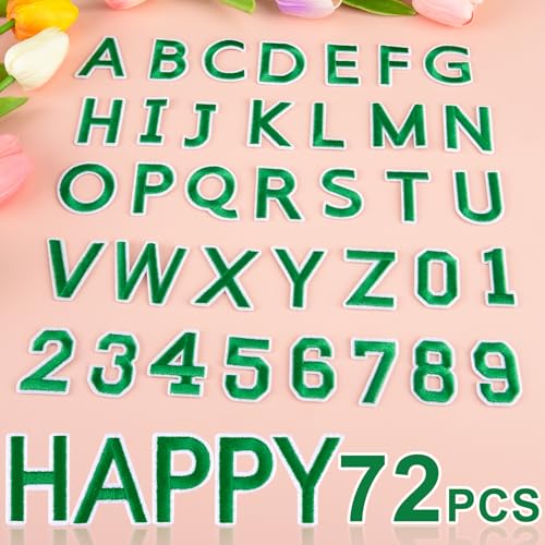 ASTARON 72 Pcs Iron on Letters and Numbers Patches, 1.5 Inch Letters A-Z Numbers 0-9 Embroidered Applique Patches Alphabet Cloth Patch for Clothes, Bags, Socks, Jeans, Hat, DIY Accessories(Green) - color: Green