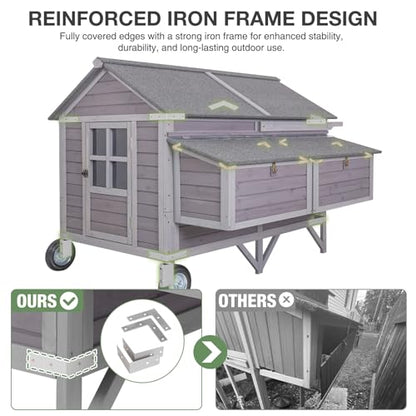 GUTINNEEN 68" Chicken Coop for 8-12 Chickens with Large Wheels, Mobile Wooden Hen House with 4 Nesting Boxes, 4 Perches, Pull-Out Trays, Outdoor Backyard Poultry Cage - size: 68.1"L x 53.9"W x 49.0"H