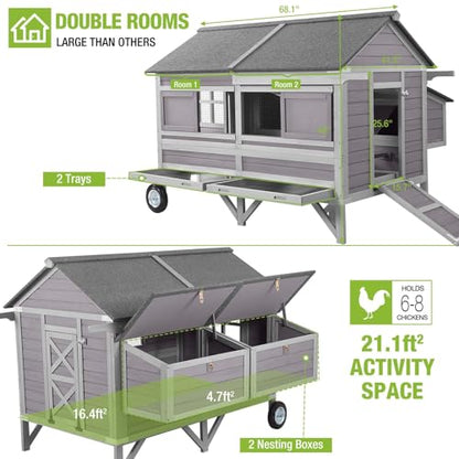 GUTINNEEN Large Chicken Coop with Durable Wheels for 8-10 Chickens, 68.1" Wooden Hen House with 4 Nesting Boxes, 2 Removable Trays & Sturdy Metal Brackets, Mobile Duck Coop Easy Assembly Poultry Cage - color: Grey 21.1ft²