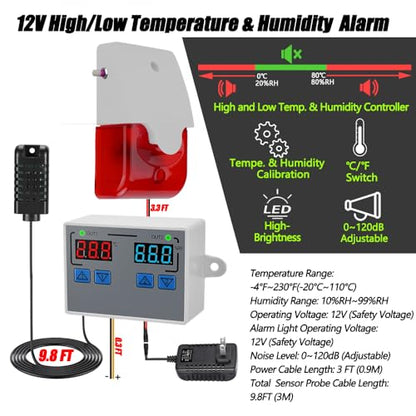 Hygrometer Thermometer Alarm, 12V High/Low Temperature and Humidity Monitor, 0~120dB Adjustable Audible/Visual Thermostat Controller with External Output Option for Room/Grow Tent/Farm/Cellar/Reptile