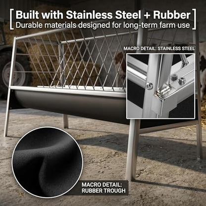 77 Gallon Outdoor Livestock Hay Feeder, Stainless Steel Anti-Waste Feeder with Rubber Trough, Durable Farm Feeding Supplies for Goats, Sheep, Calves & Horses
