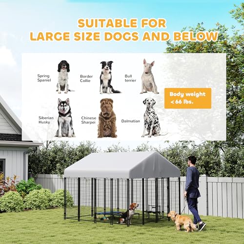 PawHut Outdoor Dog Kennel with Roof, 8' x 8' x 6' Heavy Duty Welded Wire Dog Playpen Enclosure with Escape-Proof Lock, UV-Resistant & Waterproof Cover, for Large Dogs, Chickens, Ducks, Silver - size: 96.1"L x 96.1"W x 72.0"H, style: Single Room