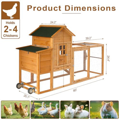 Morngardo Chicken Coop Rabbit Hutch Indoor Outdoor, 80''L Bunny Cage with Run, Guinea Pig House with Wheels and Pull-Out Tray - size: 80.0"L x 24.0"W x 39.0"H