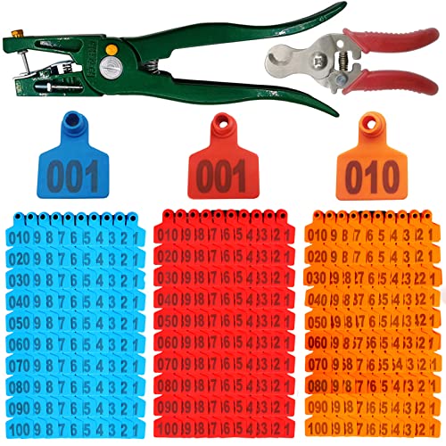 300PCS Cattle Ear Tags Kit - 001-100 Numbered Plastic Red Blue Orange Livestock Ear Tags + Applicator + Remover
