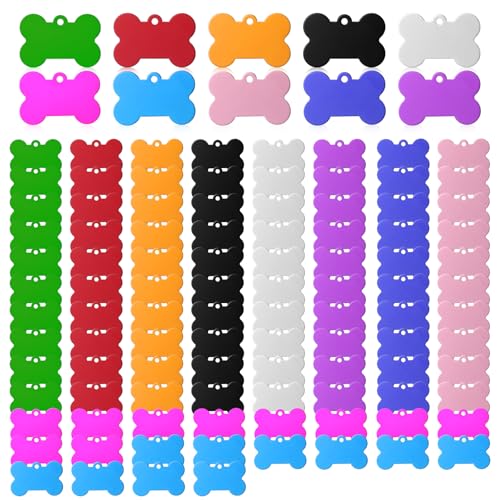100 Pcs Blank Dog Pet ID Tags Number for Engraving 38MM Aluminum Bone Shape Name Tag Colorful Double Sided Dog Cat Phone Number Tag Pendants