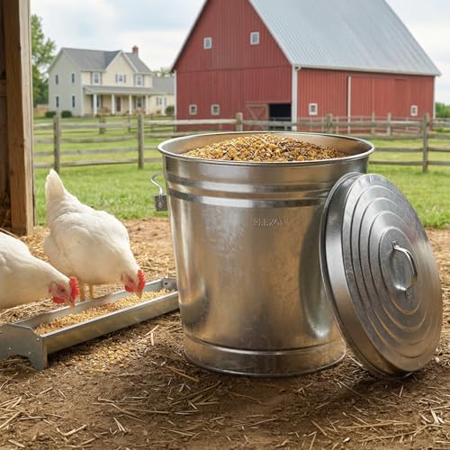 Plexon 10 Gallon Trash Can with Lid Outdoor Galvanized Metal Bucket with Locking Lid for Poultry Feed Bird Seed Storage Ash Garbage Trash Bin - size: 10-Gallon