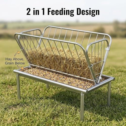 2-in-1 Livestock Hay Feeder, Galvanized Steel Goat and Sheep Feeding Station with 6" Deep Grain Pan, Heavy Duty Outdoor Pasture Hay Rack for Alfalfa and Grains, Reduces Waste