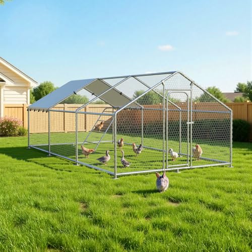 Large Chicken Coop with Roosting Perch, Waterproof and UV-Resistant Cover,10'W x 19.7'L x 6.4'H Outdoor Walk-in Cage Chicken Run for Yard Farm, Spire Roof - size: 20x10Ft-Spire