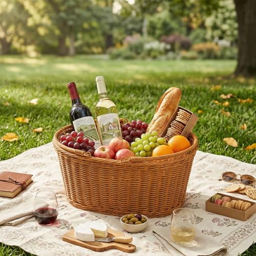 Wicker Picnic Basket, Large Empty Harvest Basket with Handle, Hand Woven Oval Willow Candy Storage Basket for Easter Eggs, Fruit, Flower, Wedding
