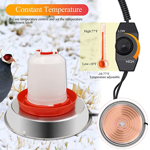 Chicken Waterer Heater,14 Inch Heated Chicken Waterer Base for Winter 5 Gallon with Anti-bite Cable for Poultry Fountains Water Bowl Plastic Metal Waterer