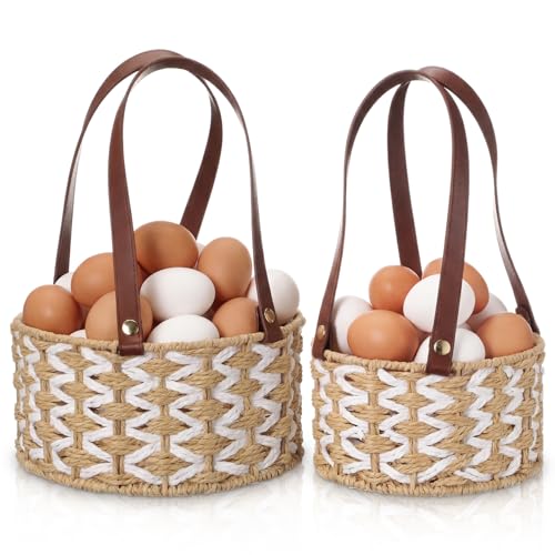 2 Size Egg Collecting Baskets with Handle for Collecting Chicken Fresh Eggs Farmhouse Wicker Basket Vintage Countertop Fruit Holder Detachable Faux Leather Handle for Storage Harvest Kitchen