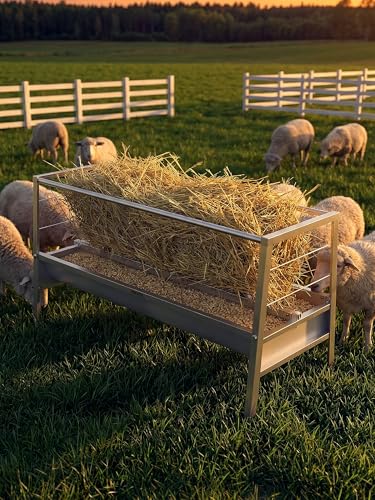 Goat Hay Feeder, 90 Gallon Livestock Feeding Trough with Waste-Reducing Tray, Heavy Duty Galvanized Steel Goat Feeder for Outside, Farm, Barn, Ranch and Sheep Pen