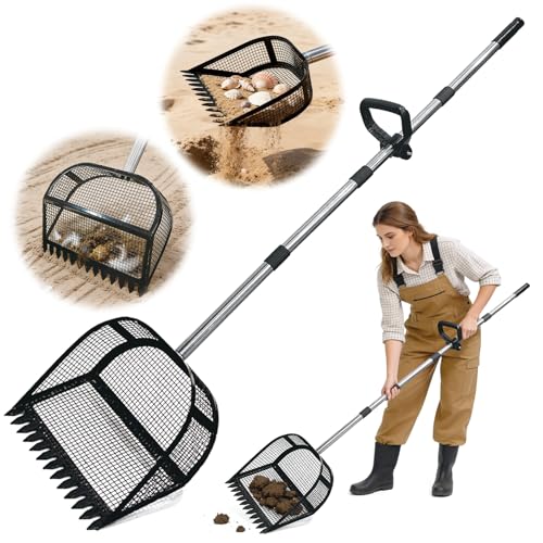 Chicken Poop Scooper & Rake 2-in-1, Pooper Scooper with Large Sifting Shovel, Adjustable Stainless Steel Handle (24"-68"), Chicken Coop Litter Scoop & Cleaning Tool for Farm Animals
