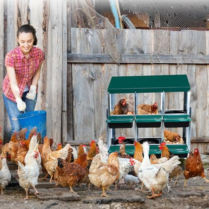Chicken Nesting Boxes 6 Compartments Chicken Laying Boxes Roll Away Egg Collection Metal Poultry Nest Box with Perch and Lid Cover Free Standing Egg Laying Boxes for Hens Chicken - color: Green, size: 6 holes with legs