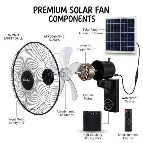 Solar Fans for Outside 16", Waterproof Wall Mounted Fan Indoor Outdoor, Oscillating Solar Powered Fan with Remote, 3 Speeds Quiet Porch Fan for Patio, Greenhouse, Garage, Barn