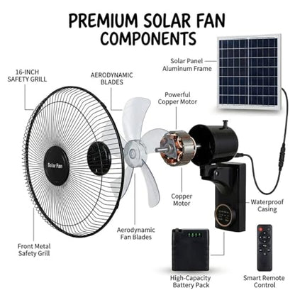 Solar Fans for Outside 16", Waterproof Wall Mounted Fan Indoor Outdoor, Oscillating Solar Powered Fan with Remote, 3 Speeds Quiet Porch Fan for Patio, Greenhouse, Garage, Barn