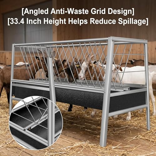Livestock Feeder, Stainless Steel Goat Feeder for Goats Sheep Horses and Calves, 77 Gallon Hay Feeder with Rubber Trough Livestock Feeder