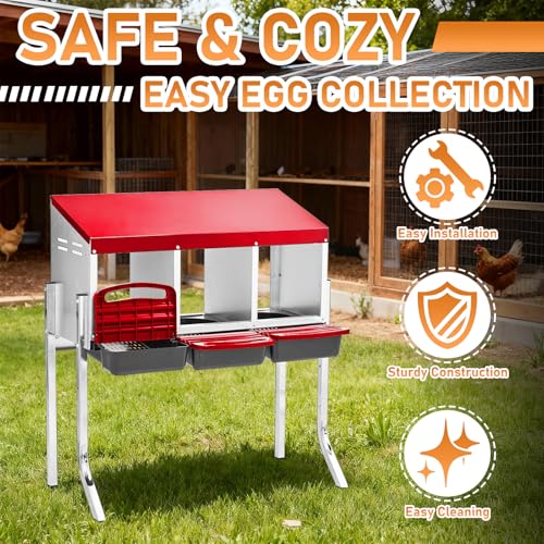 Outvita Chicken Nesting Boxes, 3 Compartments Metal Nesting Boxes for Chickens with Metal Legs, Wall/Floor Mount for Laying Eggs with Swing Perch and Roll Away Egg Collection for Chicken Coop, Red