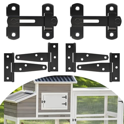 Forestchill Chicken Coop Latch Door & T Hinge Kit, 2 Pcs 4" Flip Latch Lock and 4 Pcs 3" T-Strap Hinges, Chicken Coop Accessories for Door Repair or DIY, Hardware for Wood Vinyl Fence, Barn Gate
