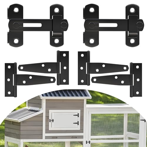Forestchill Chicken Coop Latch Door & T Hinge Kit, 2 Pcs 4" Flip Latch Lock and 4 Pcs 3" T-Strap Hinges, Chicken Coop Accessories for Door Repair or DIY, Hardware for Wood Vinyl Fence, Barn Gate
