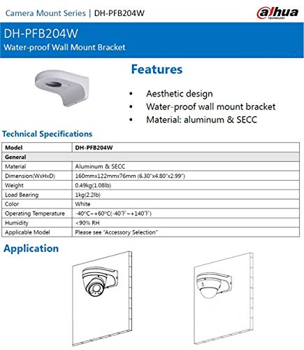 PFB204W Wall Mount Bracket Aluminum Alloy Waterproof for Dahua Dome IP Camera, HDW4631C-A, HDBW4431R-ZS, HDBW4431R-S, HDBW4431R-AS Series