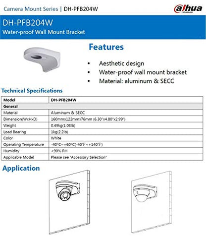 PFB204W Wall Mount Bracket Aluminum Alloy Waterproof for Dahua Dome IP Camera, HDW4631C-A, HDBW4431R-ZS, HDBW4431R-S, HDBW4431R-AS Series