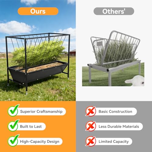 70 Gallon Pasture Hay Feeder, Heavy-Duty 2-in-1 Livestock Feeder with Grain Trough, Galvanized Steel Hay Rack for Goats, Sheep, Calves & Miniature Horses, Weather Resistant Farm Manger