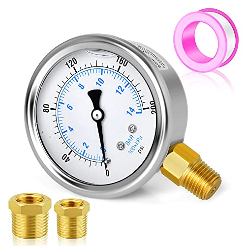 MEANLIN MEASURE 0~200Psi Stainless Steel 1/4" NPT 2.5" FACE DIAL Liquid Filled Pressure Gauge WOG Water Oil Air Lower Mount, with 1/2" NPT and 3/8" NPT Hex Bushing - size: 0-200Psi