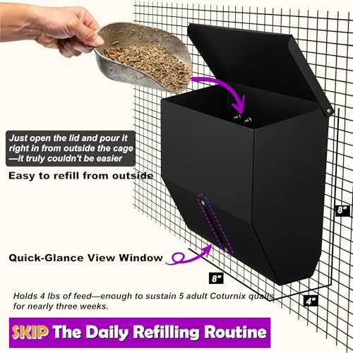 CluckRoots No Waste Quail Feeder, 1.5’’ Port for Adult Japanese Coturnix Quail Jumbo Pharaoh, Outside-Hanging 3-Port Feeder - No Mess No Spill, Space-Saving Metal Feeder for Wire Mesh Cage Hutch Pen - size: 8 Inch