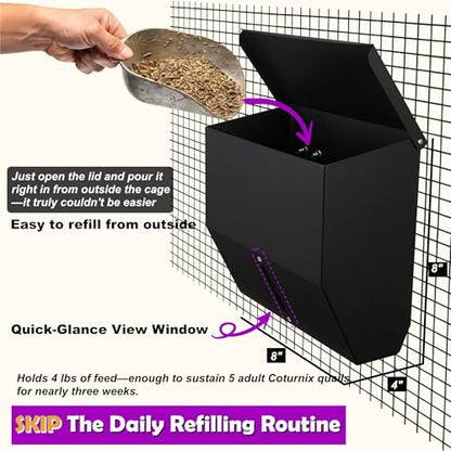 CluckRoots No Waste Quail Feeder, 1.5’’ Port for Adult Japanese Coturnix Quail Jumbo Pharaoh, Outside-Hanging 3-Port Feeder - No Mess No Spill, Space-Saving Metal Feeder for Wire Mesh Cage Hutch Pen - size: 8 Inch